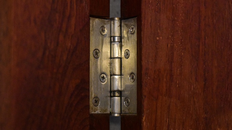 Close up of a door hinge.