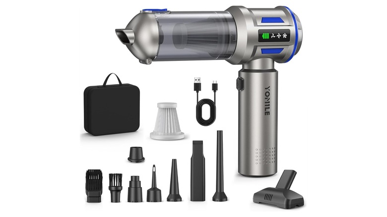 Yomile mini vacuum cleaner and accessories on white background