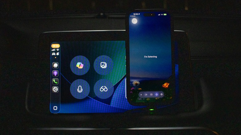 Copilot Apple CarPlay widget with the iPhone showing Copilot running on the screen