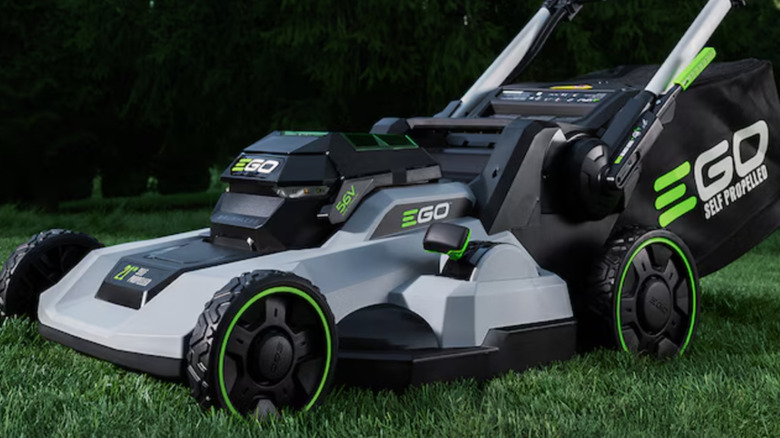 EGO battery-powered mower sitting on lawn