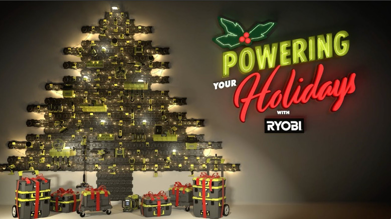 holiday tree made of ryobi products with 