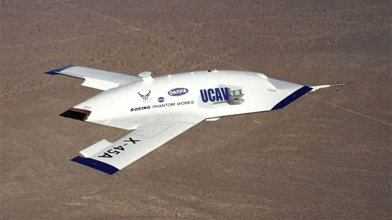 X-45 Unmanned Combat Air Vehicle (UCAV) flying 