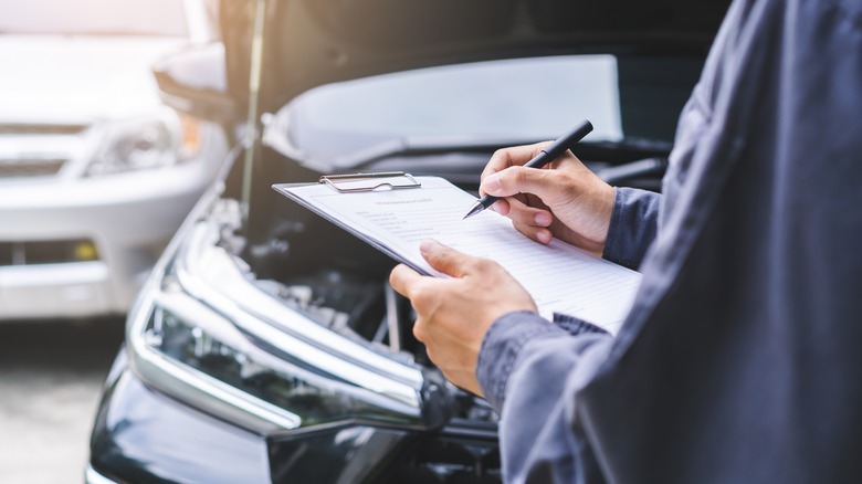 Engine being inspected in shop
