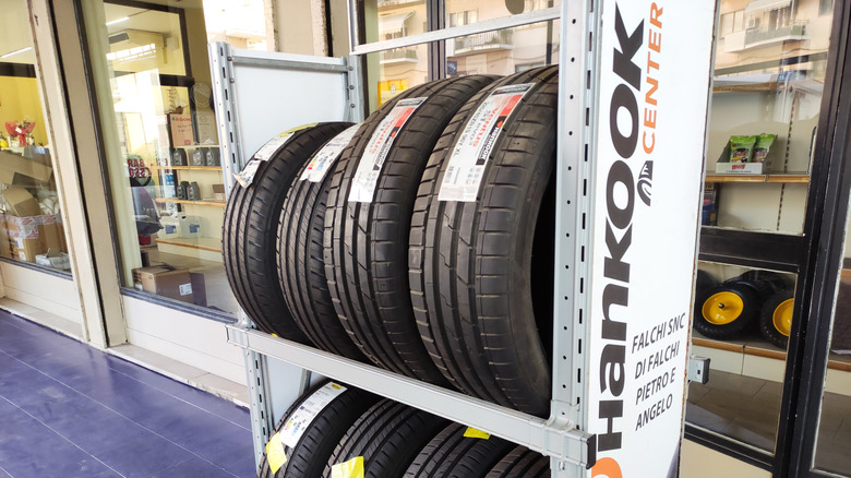 Stack of Hankook tires in shop