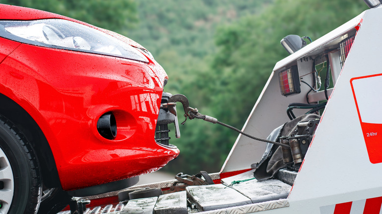 Close-up of a car on a tow truck