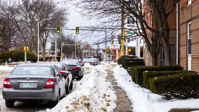 Cars on snowy street in New Hampshire