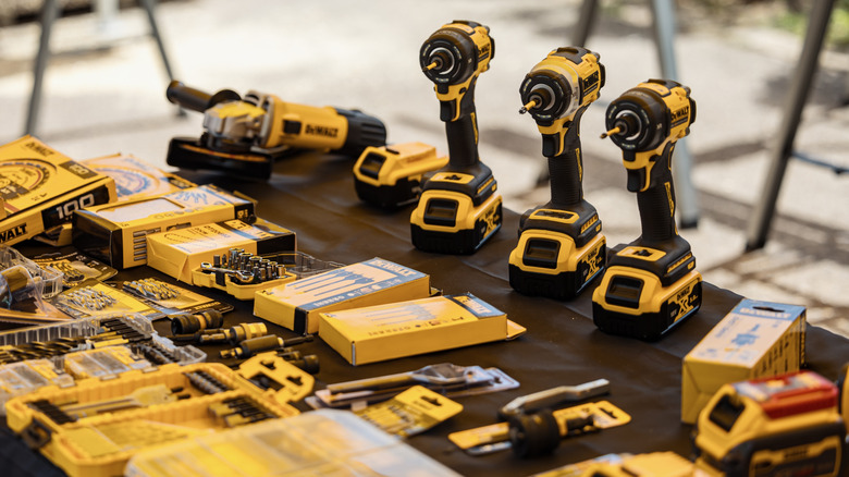 Various DeWalt tools and accessories on display