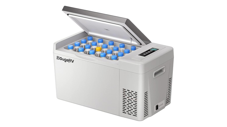 White cooler box with a lid open showing various drinks