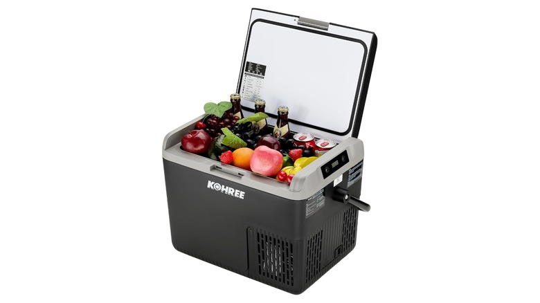 Black cooler with lid open showing various fruits and drinks