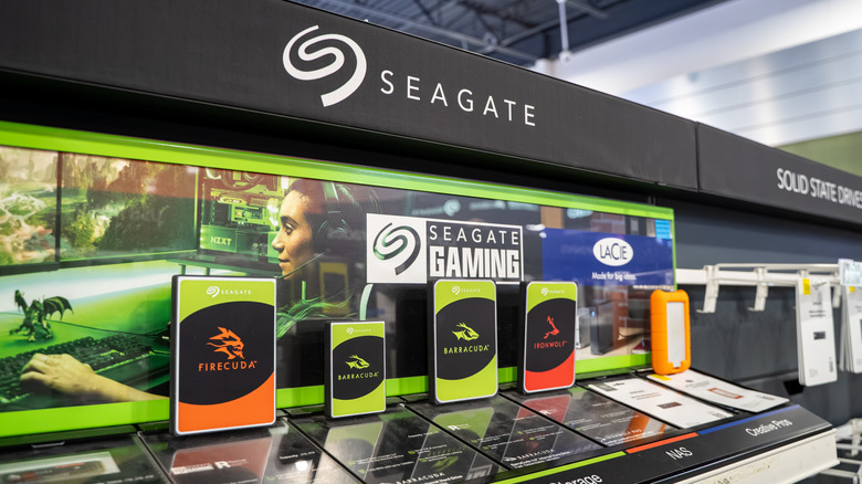 Seagate SSDs and HDDs on display in a store.