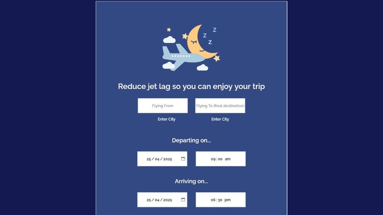 The website of Jet Lag Rooster, asking the user to enter the details of their trip.