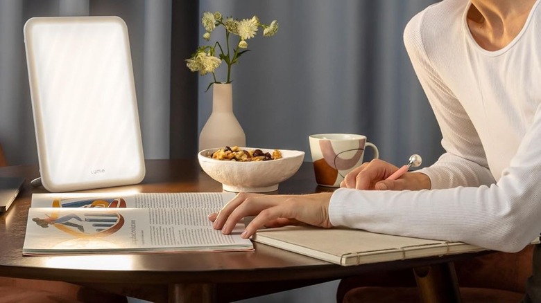 The Lumie Vitamin L lamp on a desk.