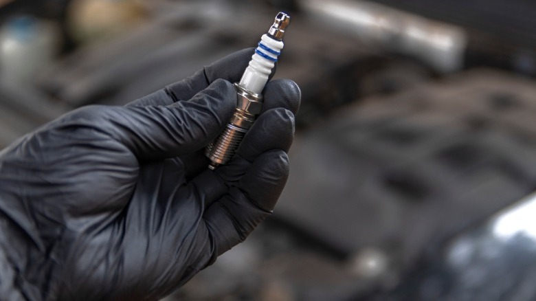 a hand holding a spark plug