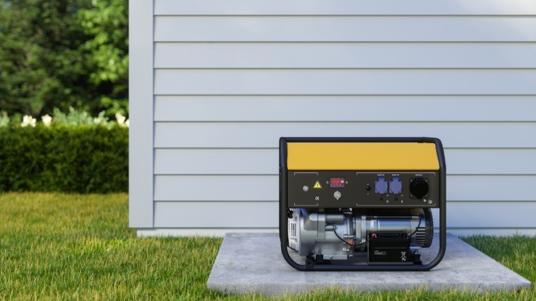 An emergency generator behind a building