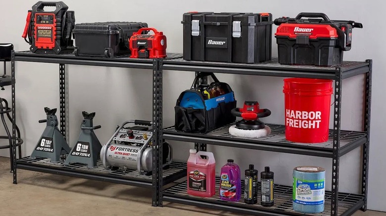 U.S. General 5-Tier Boltless Steel Garage Shelving loaded with various Harbor Freight tools