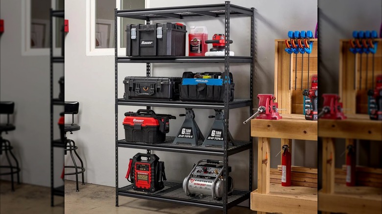 U.S. General 5-Tier Boltless Steel Garage Shelving loaded with various Harbor Freight tools