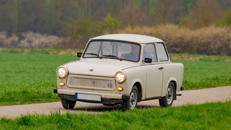 A cream Trabant 601S on the move, front 3/4 view
