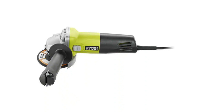 The Ryobi 5.5 Amp Corded Angle Grinder on a white background.