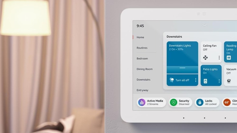 An Amazon Echo Hub display mounted on a wall