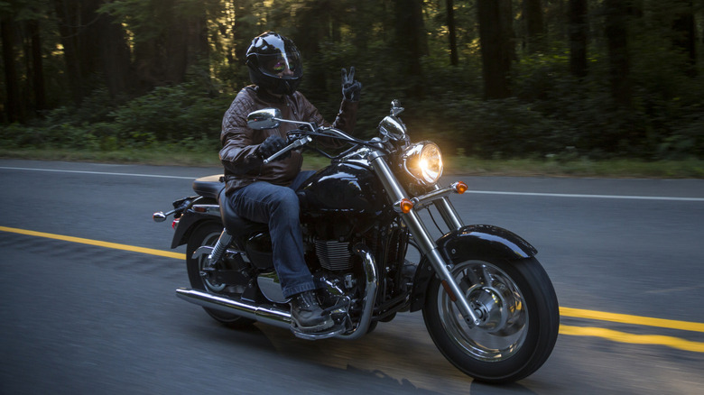 Man riding a motorcycle in the forest at sunset