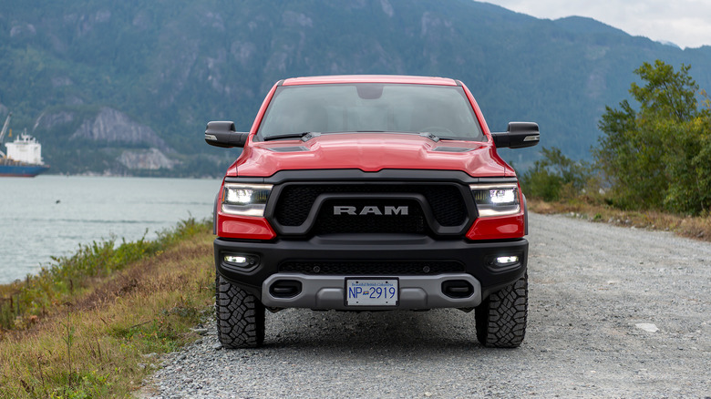 A front end shot of a red 2019 Ram 1500 parked