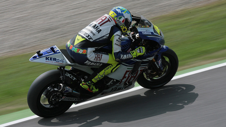 A shot Valentino Rossi riding the 2008 Yamaha YZR-M1