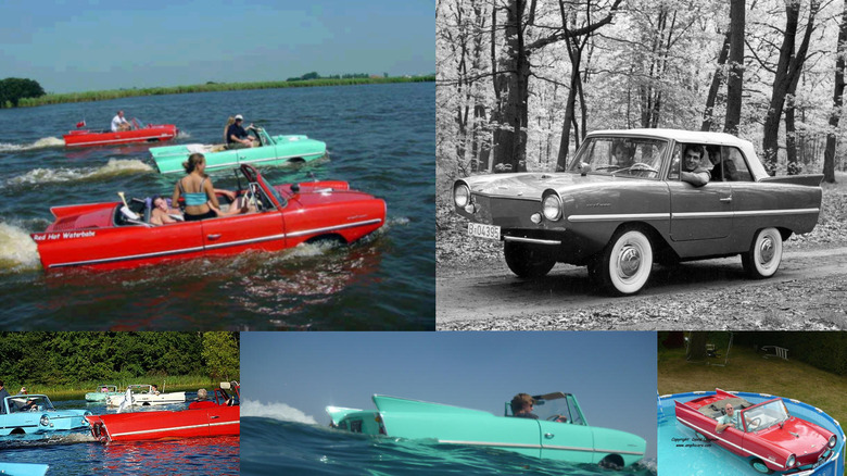 Group of colorful vintage Amphicars driving on a lake with passengers enjoying the ride, showcasing classic amphibious car technology