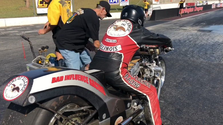 Sons of Silence MC drag racer preparing to go down the track