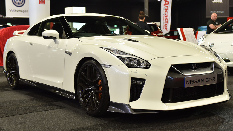 Front profile of Nissan GTR in white.