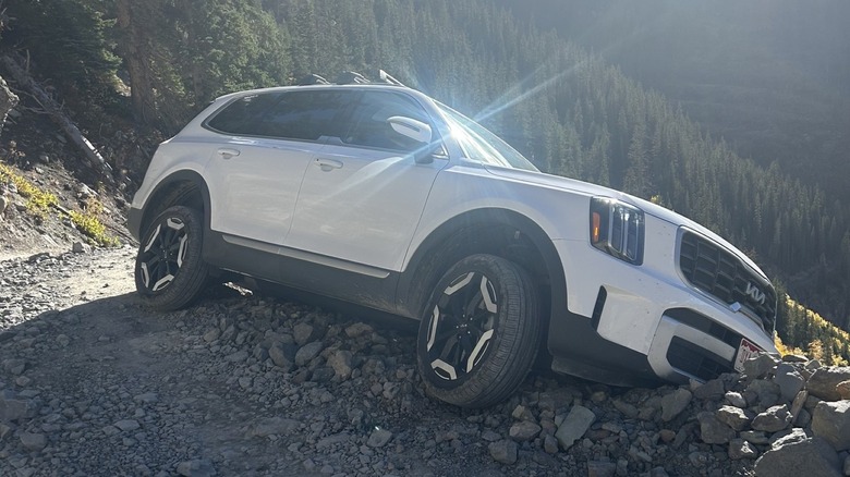 White Kia Telluride stuck on Black Bear Pass in Colorado