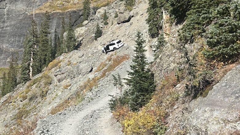 White Kia Telluride stuck on Black Bear Pass in Colorado