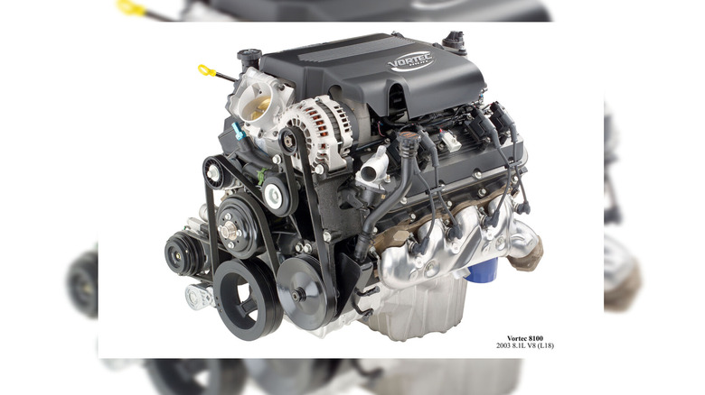 2003 GM Vortec 8100 engine pictured with black and silver accents