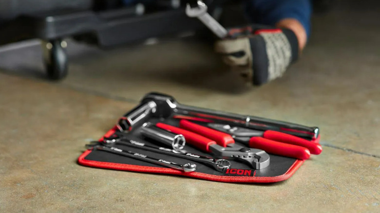 The Harbor Freight ICON Magnetic Mat covered in hand tools