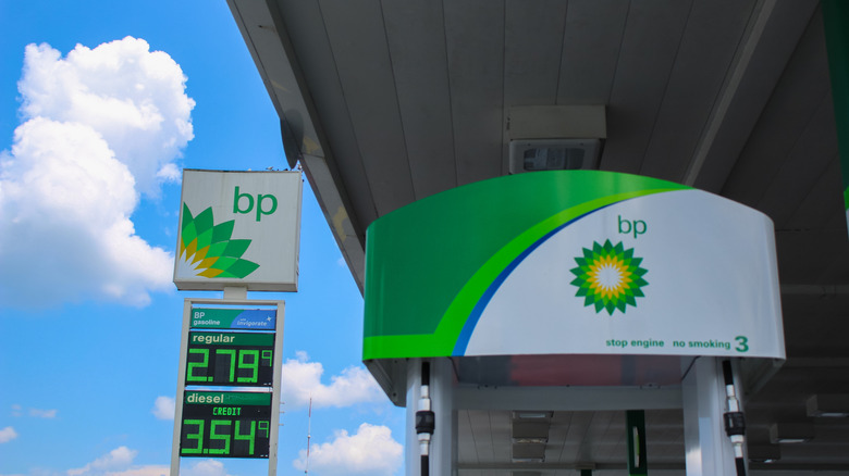 BP gas station sign and pump