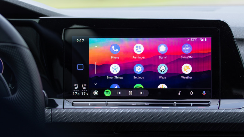 The Android Auto home screen, an app developed by Google is seen on the screen of a new car.