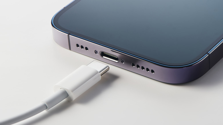 Type-C cord placed just outside charging port of an iPhone