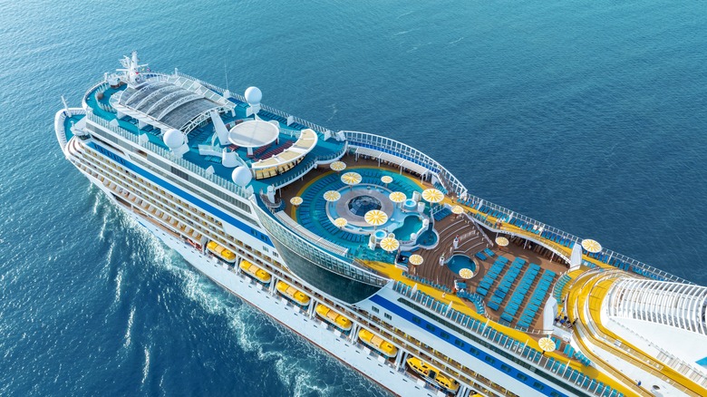 A cruise ship sailing in open ocean.