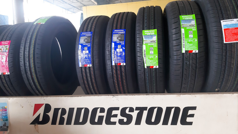 Display of various Bridgestone tires