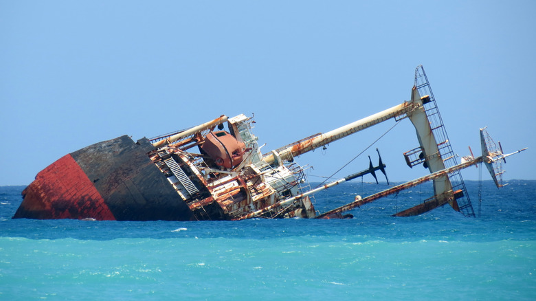 A ship overturned and destroyed at sea