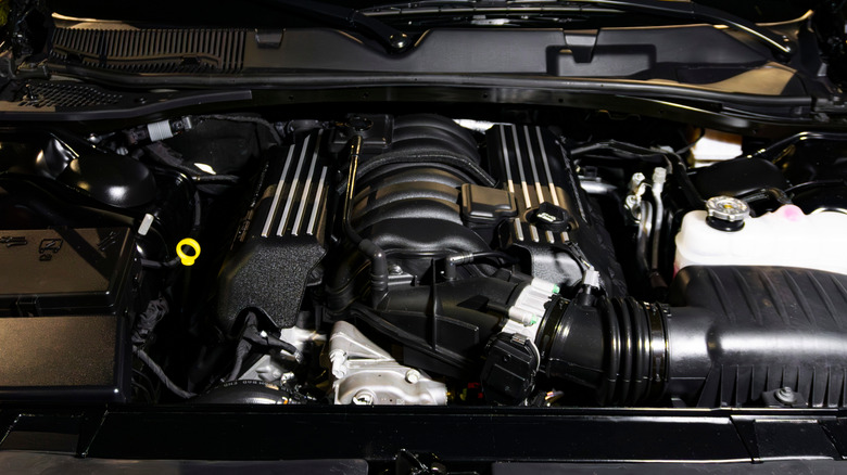 A 6.4-liter 392 Hemi V8 under the hood of a Dodge Challenger