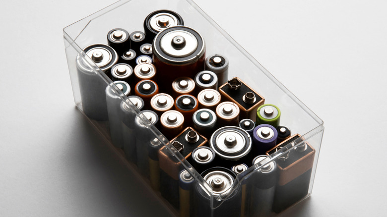 batteries stored vertically in plastic box