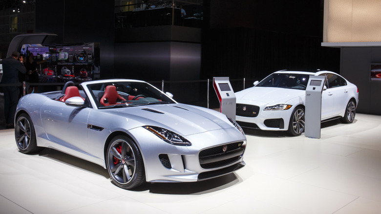 The Jaguar F-Type and the Jaguar XF at display at LA Auto Show