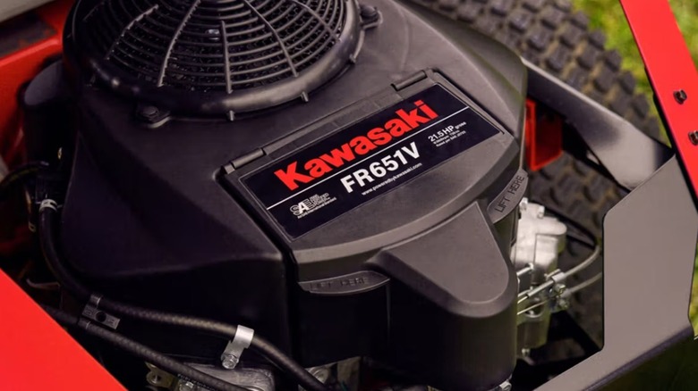 A lawn mower powered by Kawasaki's FR651V engine.