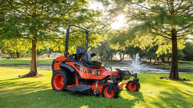 Kubota Zero Turn Diesel Mower In A Park Sitting On Freshly Cut Grass