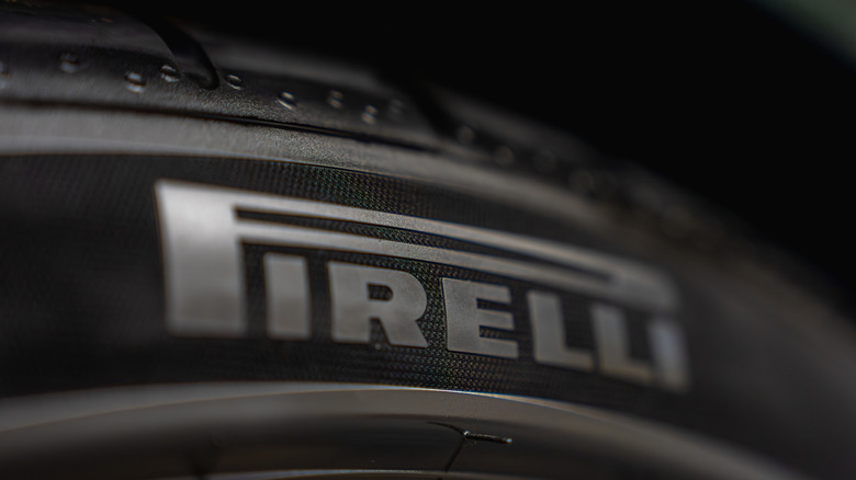 Close-up photo of Pirelli logo on a tire