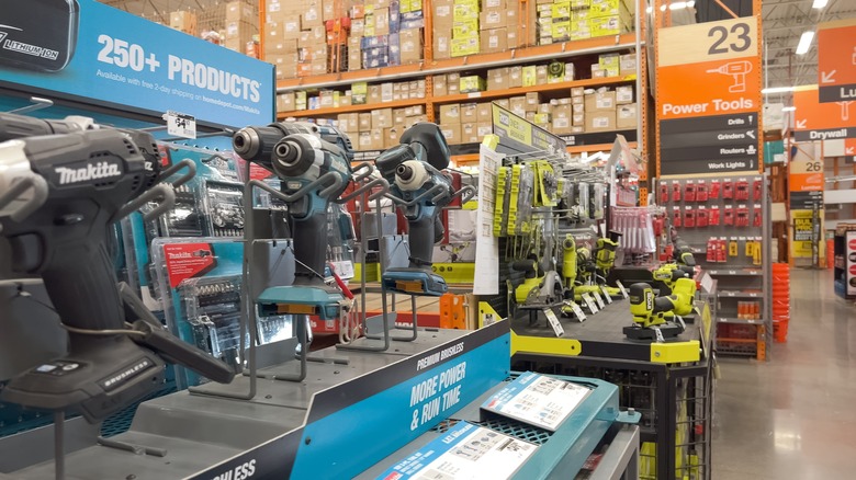 Power tools of different brands on display in Home Depot