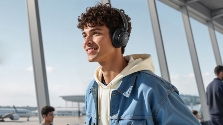 Guy wearing a pair of Soundcore headphones in an airport