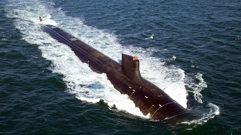 Seawolf-class submarine underway, bird's eye view of starboard-fore angle