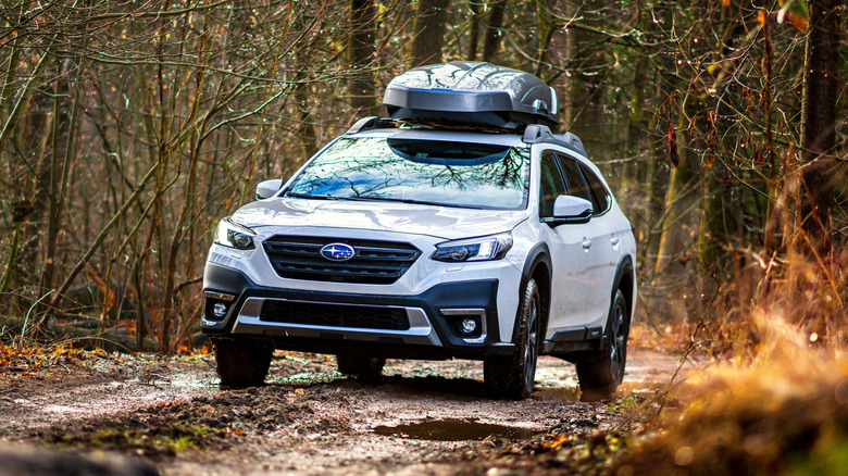 A white Subaru Outback driving through the woods.