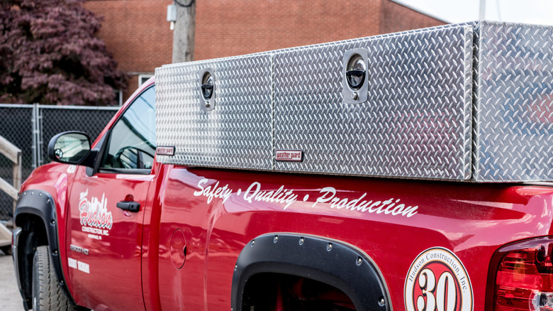 Red truck with Weather Guard toolboxes on the bed